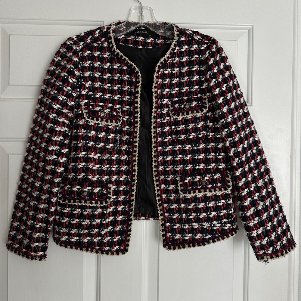 Zara Navy, Red & White Tweed Cropped Blazer - Picture 4 of 8
